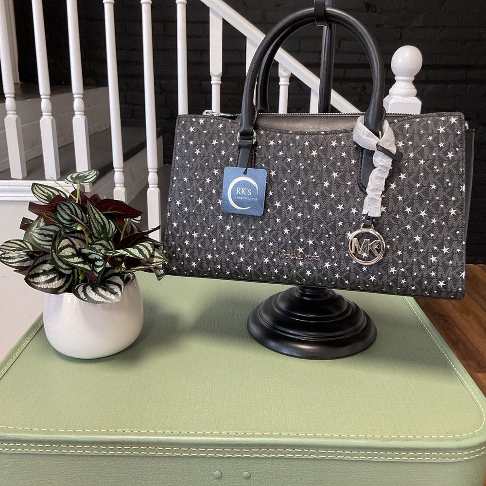 Michael Kors Black MK Signature Silver Star Large Satchel Crossbody NWT